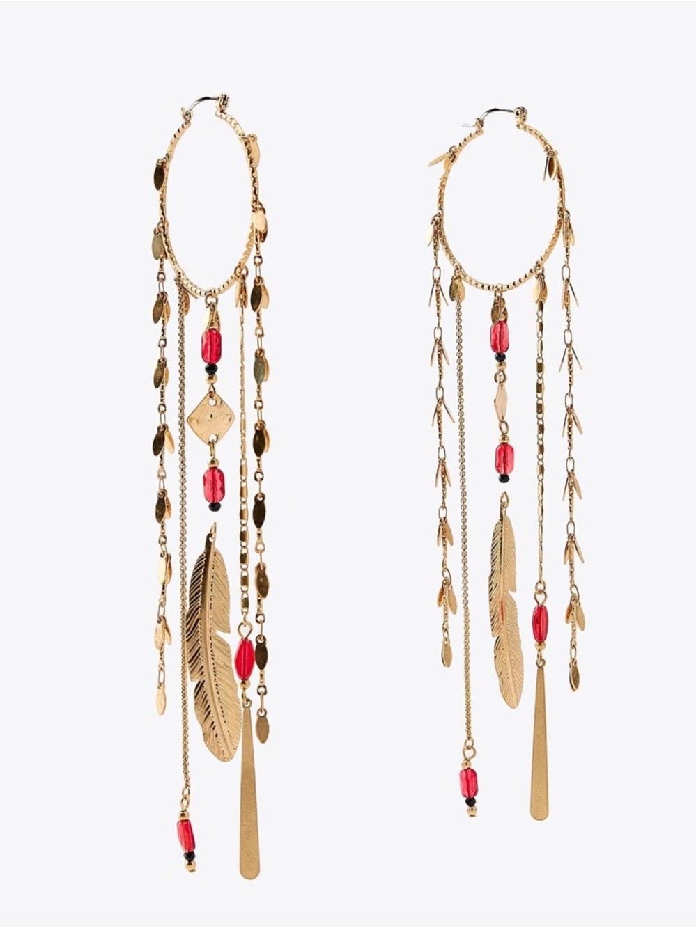Zara Gold Hoop Feather Dangle Earrings with Red Beads